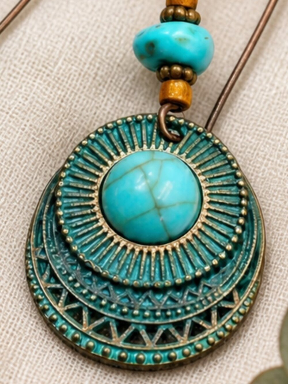 Boho Turquoise Drop Earrings Bronze Ethnic Carved Mandala Statement Dangle - Picture 5 of 12